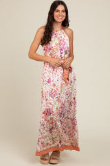 Lavender Floral Halter Front Tie Maxi Dress