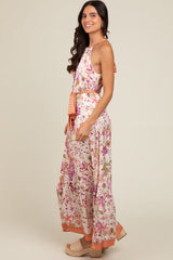 Lavender Floral Halter Front Tie Maxi Dress