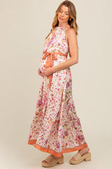 Lavender Floral Halter Front Tie Maternity Maxi Dress