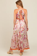 Lavender Floral Halter Front Tie Maternity Maxi Dress