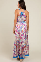 Violet Floral Halter Front Tie Maxi Dress