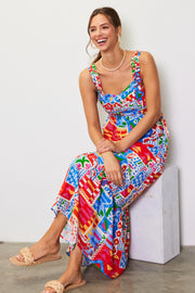 Blue Multi-Color Abstract Print Tiered Maxi Dress