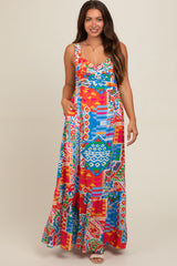 Blue Multi-Color Abstract Print Tiered Maternity Maxi Dress