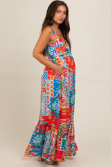 Blue Multi-Color Abstract Print Tiered Maternity Maxi Dress