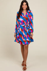 Blue Geometric Front Tie Long Puff Sleeve Maternity Dress