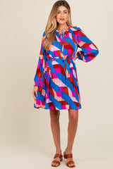 Blue Geometric Front Tie Long Puff Sleeve Maternity Dress