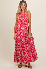 Red Paisley Halter Cross Back Maternity Maxi Dress