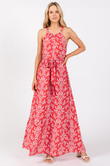 Red Paisley Halter Cross Back Maternity Maxi Dress