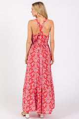 Red Paisley Halter Cross Back Maxi Dress