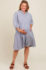 Light Blue Button Front Maternity Plus Dress