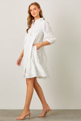 Ivory Floral Embroidered Collared Button Down Dress