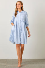 Light Blue Floral Embroidered Collared Button Down Dress