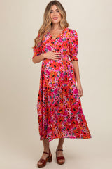 Fuchsia Floral Button Front Smocked Waist Tiered Maternity Midi Dress