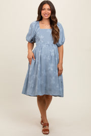 Blue Textured Floral Square Neck Puff Sleeve Maternity Dress