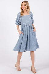 Blue Textured Floral Square Neck Puff Sleeve Maternity Dress