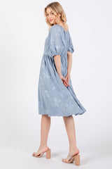 Blue Textured Floral Square Neck Puff Sleeve Dress