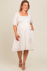 Cream Textured Floral Square Neck Puff Sleeve Maternity Plus Dress