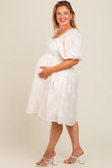 Cream Textured Floral Square Neck Puff Sleeve Maternity Plus Dress