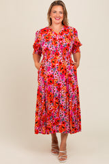 Fuchsia Floral  Button Front Smocked Waist Ruffle Maternity Plus Maxi Dress