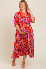 Fuchsia Floral  Button Front Smocked Waist Ruffle Maternity Plus Maxi Dress