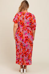 Fuchsia Floral  Button Front Smocked Waist Ruffle Maternity Plus Maxi Dress