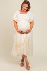 Cream Floral Print Ruffle Hem Maternity Plus Midi Dress