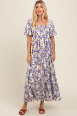 Blue Floral Ruffle Accent Maxi Dress