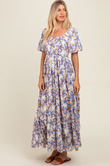 Blue Floral Ruffle Accent Maxi Dress