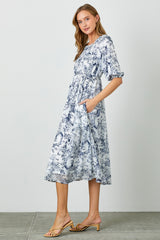 Blue Floral Square Neck Short Puff Sleeve Midi Dress