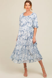 Blue Floral Square Neck Short Puff Sleeve Maternity Midi Dress