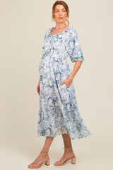 Blue Floral Square Neck Short Puff Sleeve Maternity Midi Dress