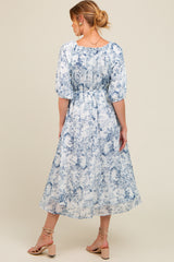 Blue Floral Square Neck Short Puff Sleeve Maternity Midi Dress