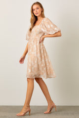 Beige Floral Embroidered Short Puff Sleeve Dress