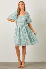 Mint Green Floral Embroidered Short Puff Sleeve Maternity Dress