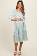 Mint Green Floral Embroidered Short Puff Sleeve Maternity Dress