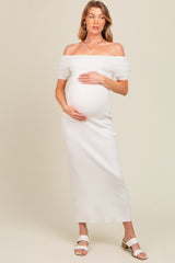 Ivory Tulle Ruffle Off Shoulder Sweater Maternity Midi Dress