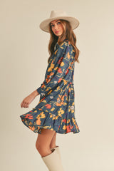 Navy Teal Mlt Floral Floral Button Down Mini Dress