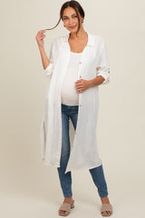 White Collared Button Down Long Maternity Blouse