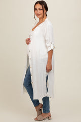 White Collared Button Down Long Maternity Blouse