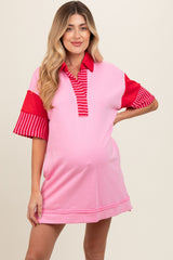 Pink Striped Color Block Collared Terry Maternity Dress