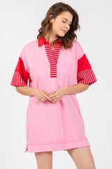 Pink Striped Color Block Collared Terry Maternity Dress