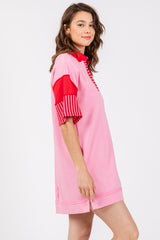 Pink Striped Color Block Collared Terry Dress