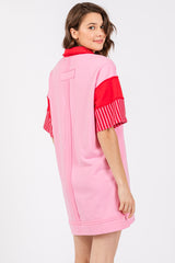 Pink Striped Color Block Collared Terry Dress