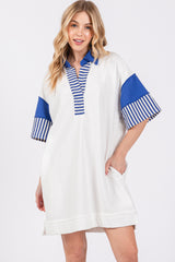 White Striped Color Block Collared Terry Maternity Dress