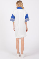 White Striped Color Block Collared Terry Dress