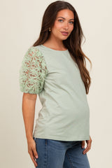 Light Olive Floral Mesh Sleeve Maternity Blouse