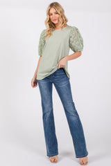 Light Olive Floral Mesh Sleeve Blouse