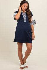 Navy Blue Striped Color Block Collared Terry Maternity Dress