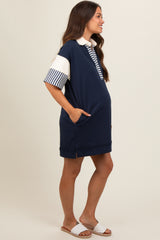 Navy Blue Striped Color Block Collared Terry Maternity Dress