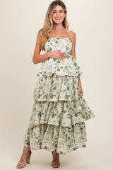 Olive Leaf Print Square Neck Cut-Out Back Ruffle Tiered Maternity Midi Dress